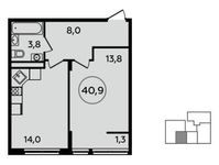Планировка 1-комнатной квартиры, 40,9 м2