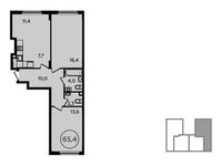 Планировка 2-комнатной квартиры, 65,4 м2