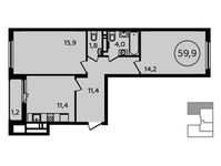 Планировка 2-комнатной квартиры, 59,9 м2
