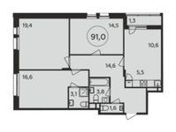 Планировка 4-комнатной квартиры, 91 м2