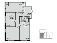 Планировка 3-комнатной квартиры, 91,2 м2