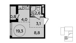 Планировка 1-комнатной квартиры, 19,3 м2