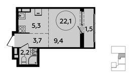 Планировка 1-комнатной квартиры, 22,1 м2