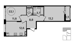 Планировка 2-комнатной квартиры, 53,1 м2
