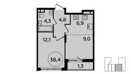 Планировка 2-комнатной квартиры, 38,4 м2