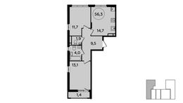 Планировка 2-комнатной квартиры, 56,3 м2