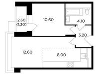 Планировка 2-комнатной квартиры, 39,8 м2
