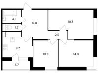 Планировка 3-комнатной квартиры, 75,58 м2