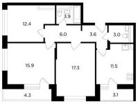 Планировка 3-комнатной квартиры, 77,3 м2