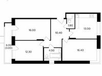 Планировка 3-комнатной квартиры, 77,4 м2