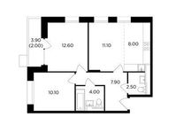 Планировка 3-комнатной квартиры, 58,2 м2