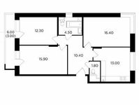 Планировка 3-комнатной квартиры, 77,3 м2