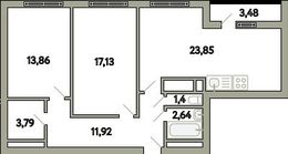 Планировка 3-комнатной квартиры, 76,18 м2