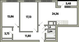 Планировка 3-комнатной квартиры, 76,69 м2