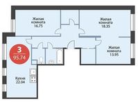 Планировка 3-комнатной квартиры, 95,74 м2