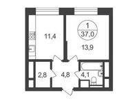 Планировка 1-комнатной квартиры, 37 м2