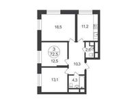 Планировка 3-комнатной квартиры, 72,5 м2