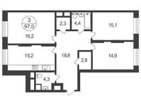Планировка 3-комнатной квартиры, 97 м2