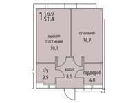 Планировка 1-комнатной квартиры, 50,9 м2