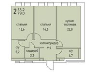 Планировка 2-комнатной квартиры, 78,6 м2