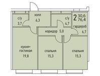 Планировка 2-комнатной квартиры, 76,4 м2
