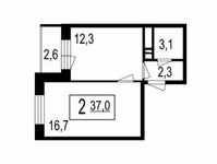 Планировка 2-комнатной квартиры, 34,4 м2