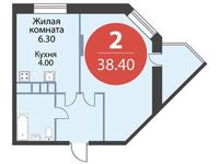 Планировка 2-комнатной квартиры, 38,4 м2
