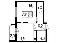 Планировка  2-комнатной квартиры, 40,45 м2