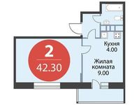Планировка  2-комнатной квартиры, 42,3 м2