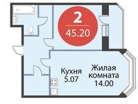 Планировка 2-комнатной квартиры, 45,2 м2