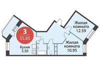 Планировка  3-комнатной квартиры, 55,85 м2