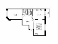 Планировка 2-комнатной квартиры, 69,3 м2