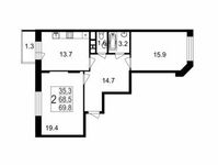 Планировка 2-комнатной квартиры, 69,8 м2