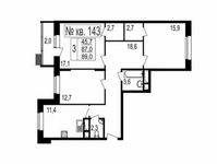 Планировка 3-комнатной квартиры, 89,1 м2