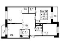 Планировка 3-комнатной квартиры, 92,3 м2
