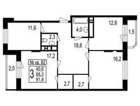 Планировка 3-комнатной квартиры, 92 м2