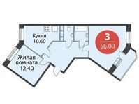 Планировка 3-комнатной квартиры, 56 м2