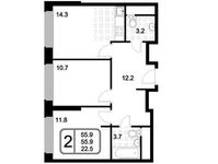 Планировка 2-комнатной квартиры, 55,9 м2