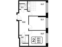 Планировка 2-комнатной квартиры, 58,2 м2