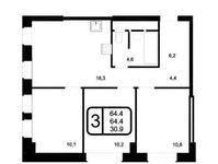 Планировка 3-комнатной квартиры, 64,4 м2