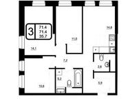 Планировка 3-комнатной квартиры, 71,4 м2