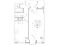 Планировка 1-комнатной квартиры, 34,95 м2