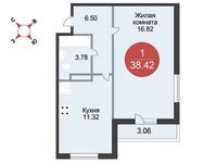 Планировка 1-комнатной квартиры, 38,42 м2