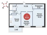 Планировка 2-комнатной квартиры, 59,5 м2