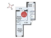 Планировка 2-комнатной квартиры, 60,1 м2
