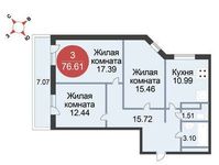 Планировка 3-комнатной квартиры, 76,61 м2
