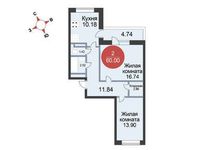 Планировка 2-комнатной квартиры, 60 м2