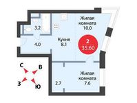 Планировка 2-комнатной квартиры, 35,6 м2
