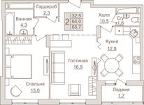 Планировка 2-комнатной квартиры, 65,7 м2