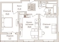 Планировка 2-комнатной квартиры, 66,2 м2